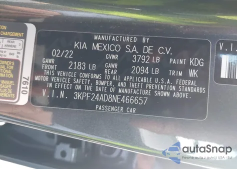 2022 Kia Forte Lxs z USA, uszkodzony, nr VIN 3KPF24AD8NE466657